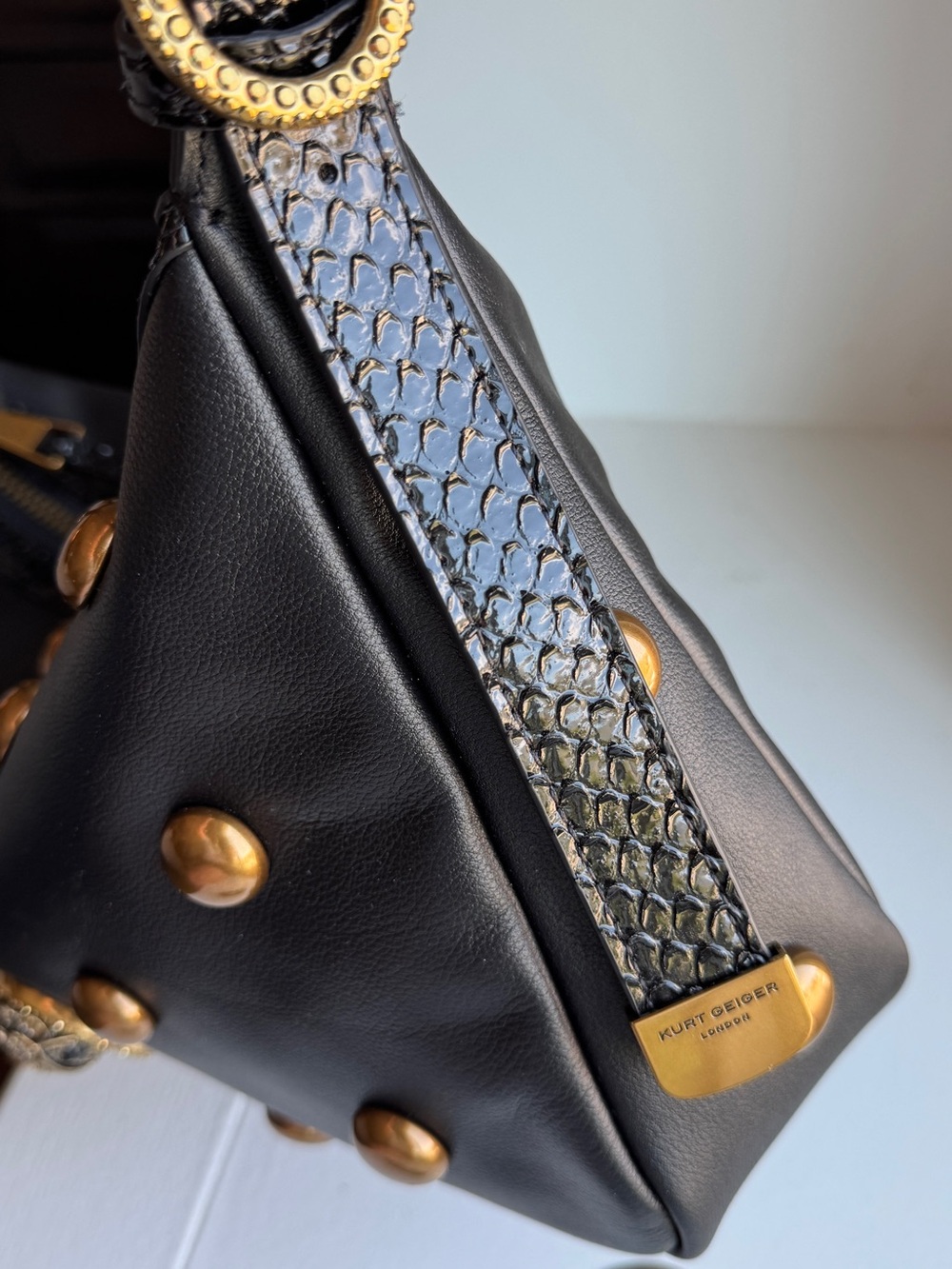 Kurt Geiger London Chelsea Black & Gold Statement Studded Leather Shoulder Bag - Picture 11 of 15